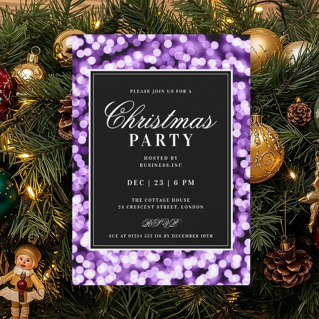 Convite Festa de Natal Black & Purple Glam Lights (Black & Purple Christmas Glam Lights Holiday Party Invitation)