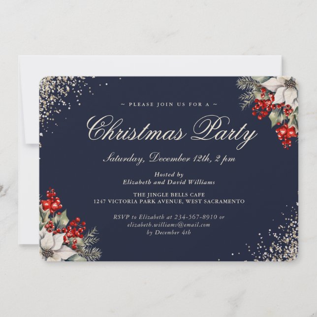 Convite Festa de Natal Blue Gold Holly Berries (Frente)