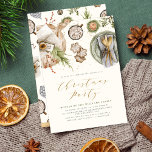 Convite Festa de Natal Boho Watercolor Janta Cottagecore<br><div class="desc">Um convite jantado,  elegante e rústico,  para a festa de Natal,  com mesa de pratos,  conselho de corte,  presentes,  velas,  chocolates e folhagem botânica,  com uma víbora de cottagecore.</div>