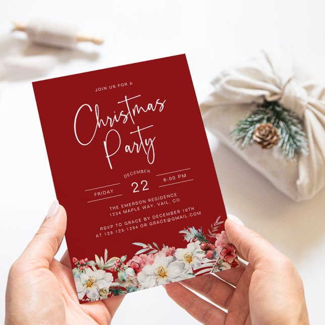 Convite Festa de Natal Botânica (Elegant Red Christmas Party Holiday Invitation Watercolor Berries Botanical Florals)