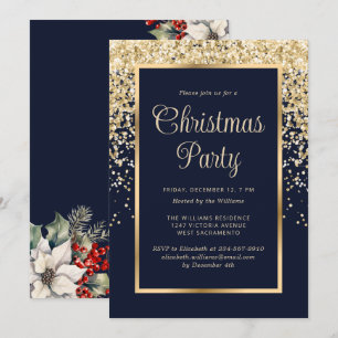 Convite Festa de Natal Botânica Confete Dourado Azul