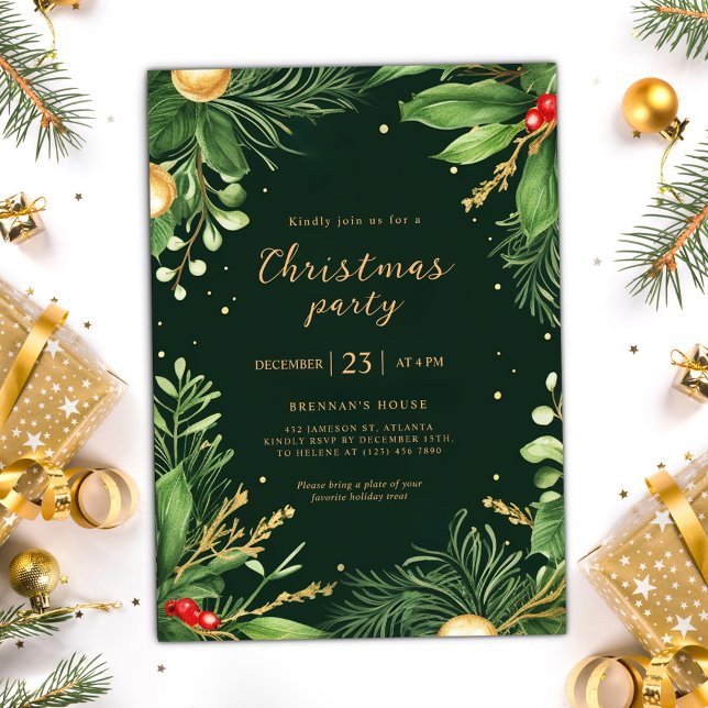 Convite Festa de Natal Botânica Elegante Holiday Greenery (Elegant Holiday Greenery Botanical Christmas Party Invitation)
