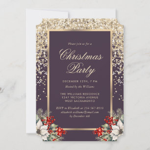 Convite Festa de Natal Botânica Elegante Roxo Dourado