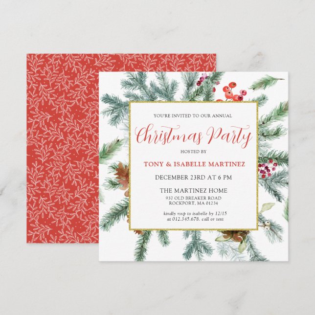 Convite Festa de Natal Botânica Elegante Rustic Winter (Frente/Verso)