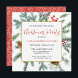 Convite Festa de Natal Botânica Elegante Rustic Winter<br><div class="desc">Este modelo de Y quadrado apresenta uma estrutura dourada decorada com galhos de pínus,  bagas vermelhas e cones de pínus. Muito espaço branco lhe dá um sentimento aberto e elegante.</div>
