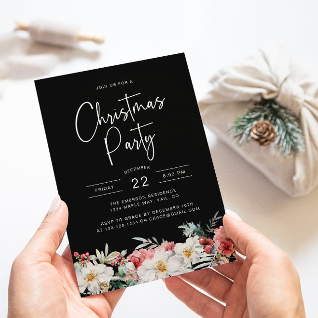 Convite Festa de Natal Botânica Preta (Elegant Black Christmas Party Holiday Invitation Watercolor Berries Botanical Florals)
