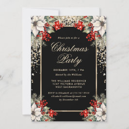 Convite Festa de Natal Botânica Preta e Dourada Elegante