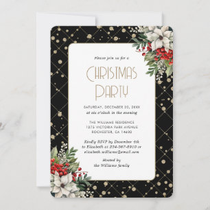 Convite Festa de Natal Botânica Preta e Dourada Elegante
