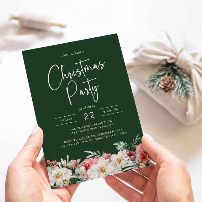 Convite Festa de Natal Botânico Verde (Elegant Green Christmas Party Holiday Invitation Watercolor Berries Botanical Florals)