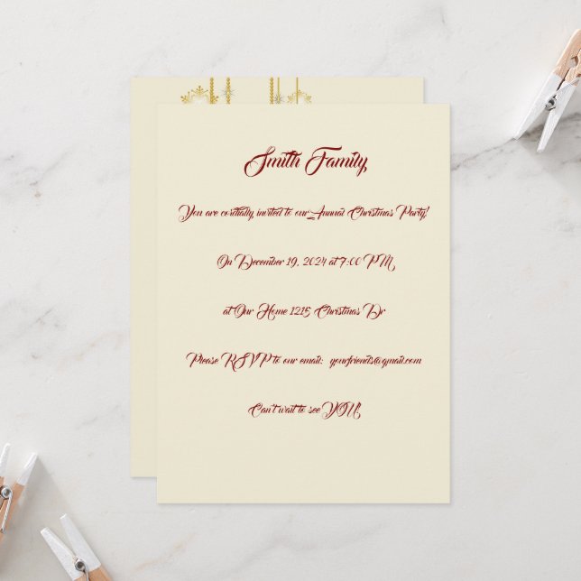 Convite Festa de Natal branca, Dourada e vermelha (Frente/Verso In Situ)