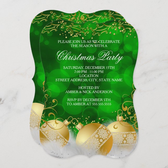 Convite Festa de Natal Branco, Dourada Verde, (Frente/Verso)