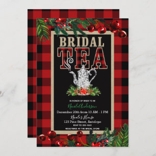 Convite Festa de Natal Bridal Tea Red Black Buffalo Xadrez