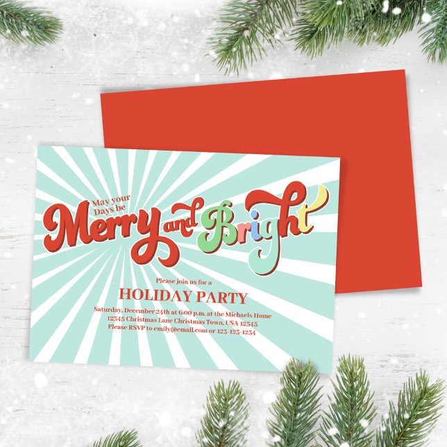 Convite Festa de Natal brilhante e Feliz (Merry and Bright retro typography script Christmas party invitation. )
