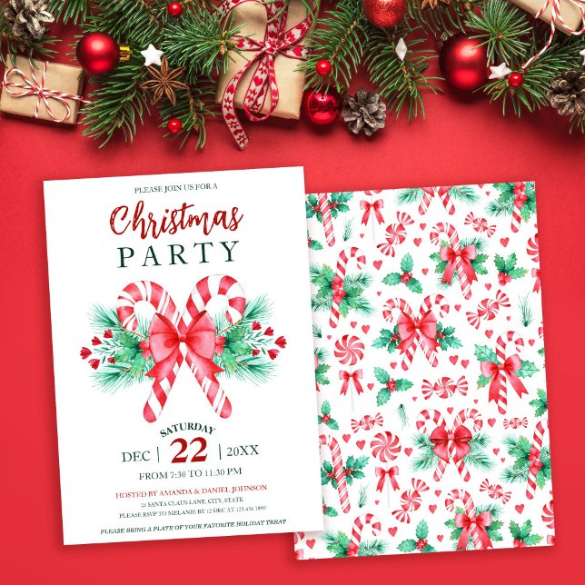 Convite Festa de Natal Candy Candy Candy Candy Peppermint  (Watercolor Peppermint Candy Cane Christmas Party Invitation)