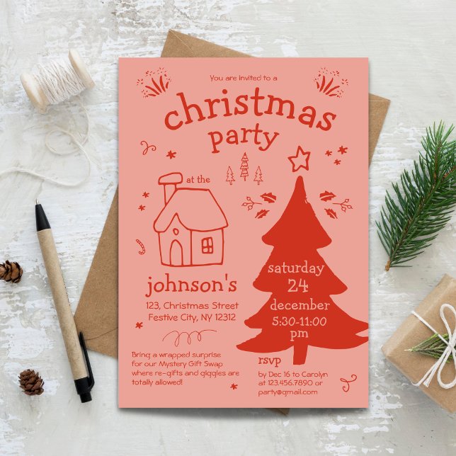 Convite Festa de Natal Caprichosa com Árvore e Chalé (Whimsical Christmas Party with Tree and Cottage Invitation)
