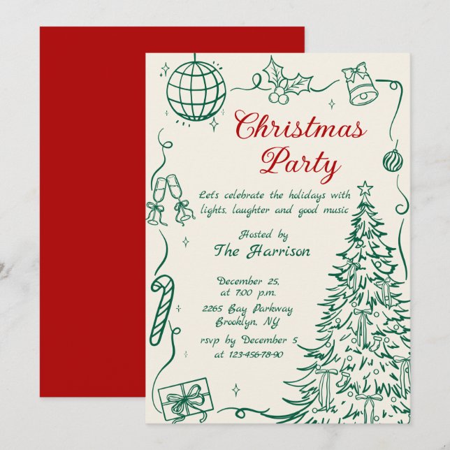Convite Festa de Natal Caprichosa Desenhada à Mão (Frente/Verso)