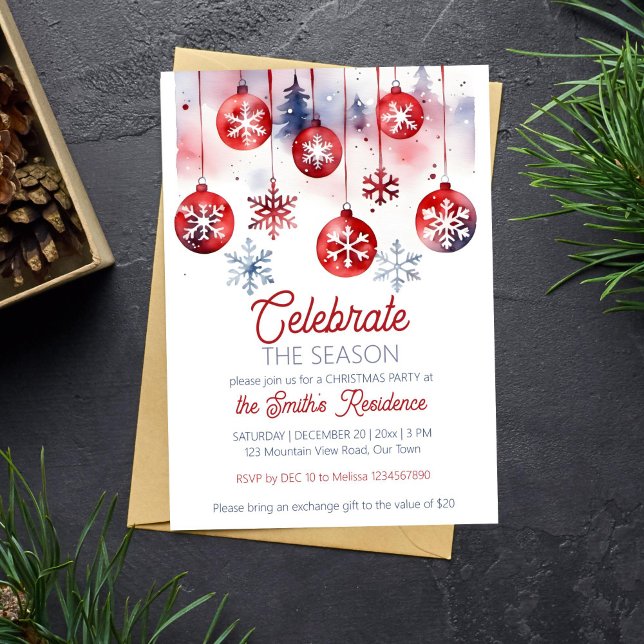 Convite Festa de Natal celebra a temporada (Christmas party celebrate the season template invitation instant download watercolor red baubles fir)