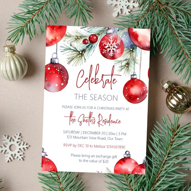 Convite Festa de Natal celebra a temporada (Celebrate the season Christmas party template invitation instant download watercolor red baubles )