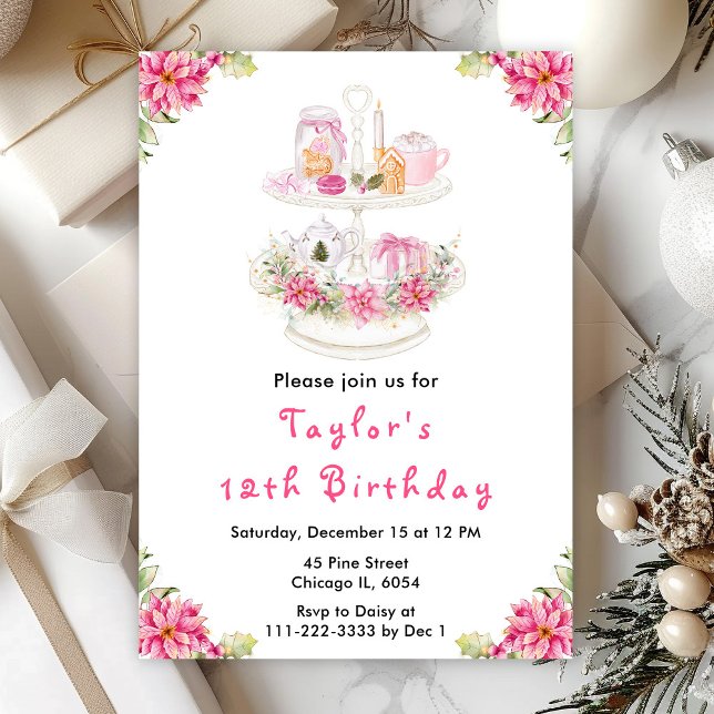 Convite Festa de Natal Chá de Aniversário Rosa (Criador carregado)