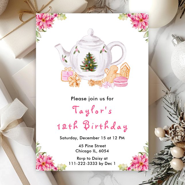 Convite Festa de Natal Chá de Aniversário Rosa (Criador carregado)