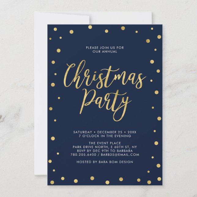 Convite Festa de Natal Chic em Dourado e Azul Marinho com  (Frente)