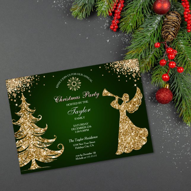 Convite Festa de Natal Clássica Anjo Elegante (gold glitter trumpet angel Christmas party invitation with green background)