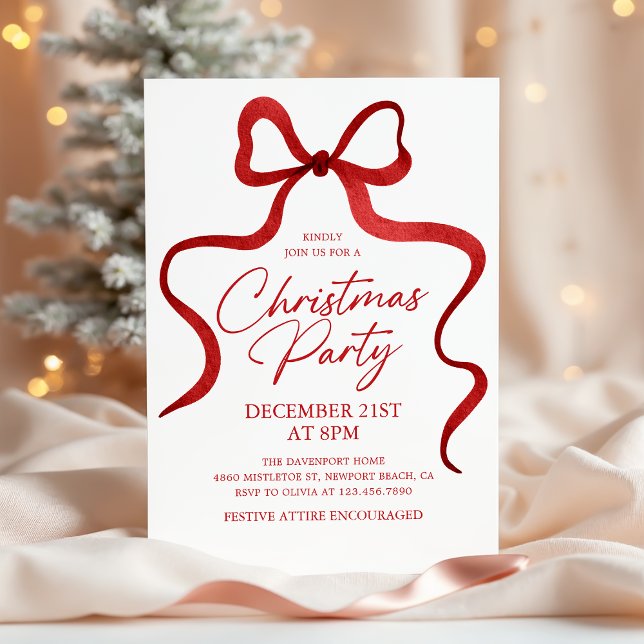 Convite Festa de Natal Clássica com Laço Vermelho Coquette (Criador carregado)
