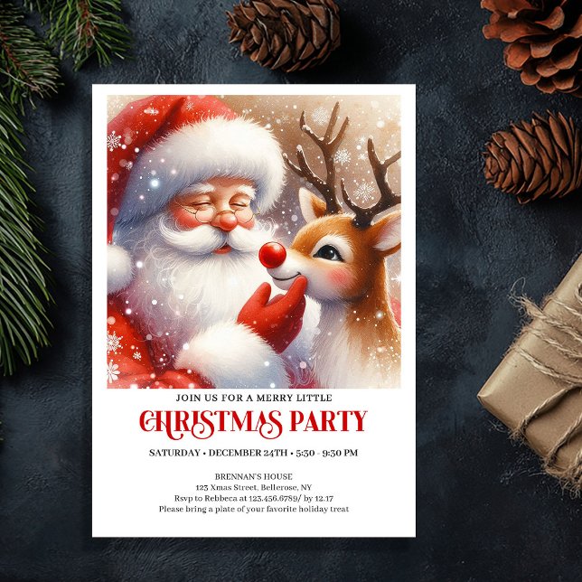 Convite Festa de Natal Clássica de Papai Noel e Rudolph  (Classic Santa and Rudolph Festive Christmas Party Invitation

)