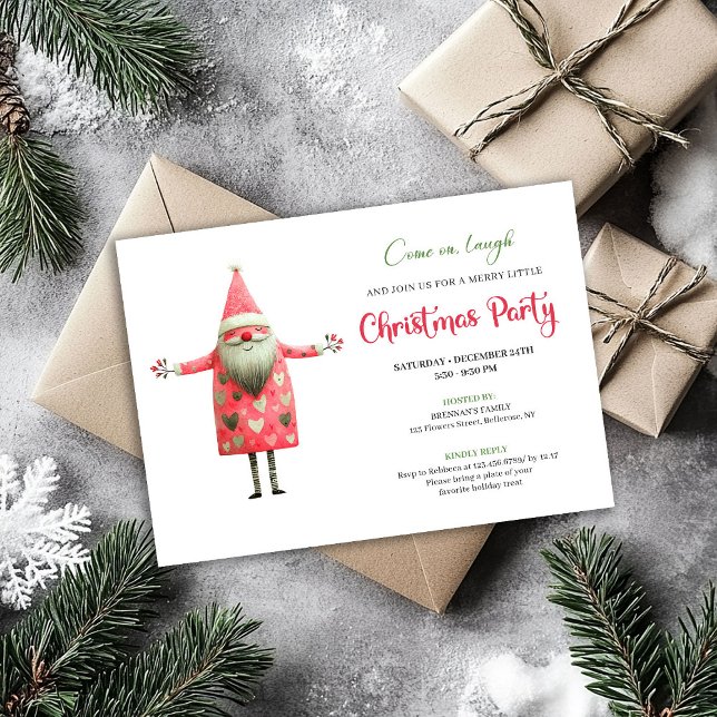 Convite Festa de Natal Clássica e Excêntrica Vermelha e Ve (Classic Quirky Santa Red Green Christmas Party Card)