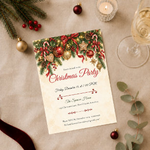 Convite Festa de Natal Clássica em Dourado e Vermelho