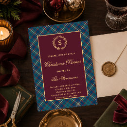 Convite Festa de Natal Clássica Monograma Xadrez Burgundy