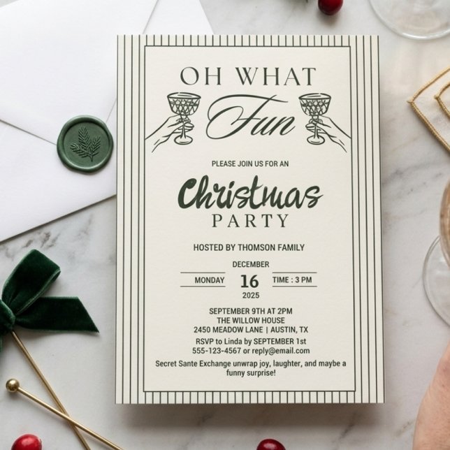 Convite Festa de Natal Cocktail Divertida Oh Que Diversão  (christmas party holiday fun invitations hand drawing greenery)