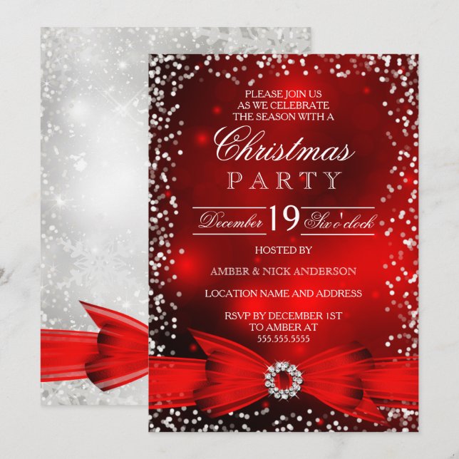 Convite Festa de Natal com Arco Vermelho Branco e Neve Cai (Frente/Verso)