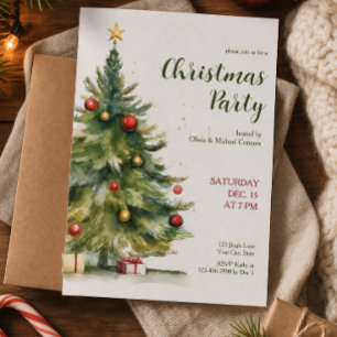 Convite Festa de Natal com Árvore de Natal em Aquarela