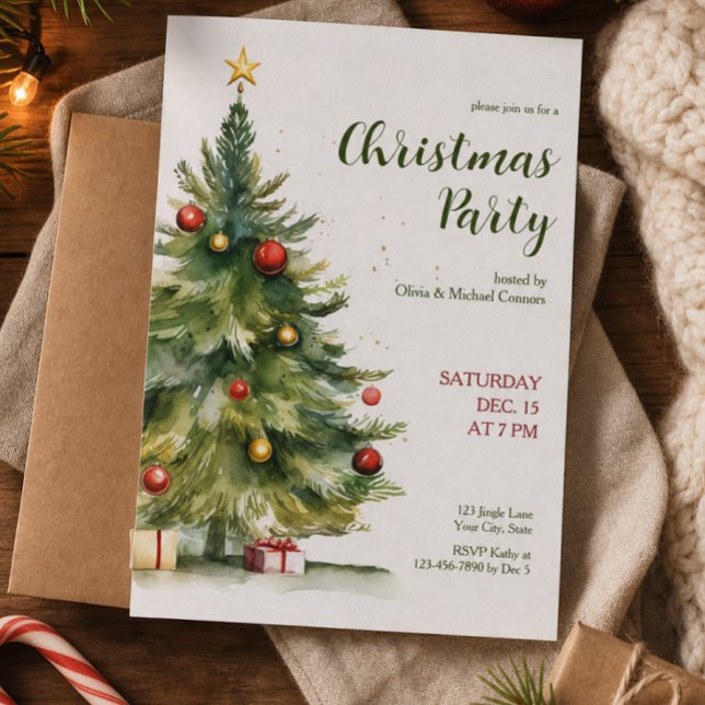 Convite Festa de Natal com Árvore de Natal em Aquarela (Criador carregado)