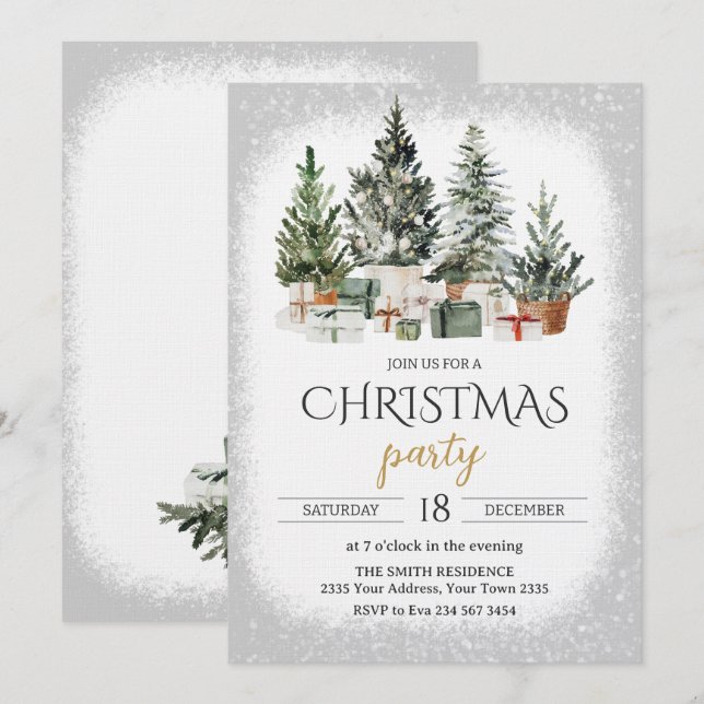 Convite Festa de Natal com Árvore de Natal em Aquarela Ele (Frente/Verso)