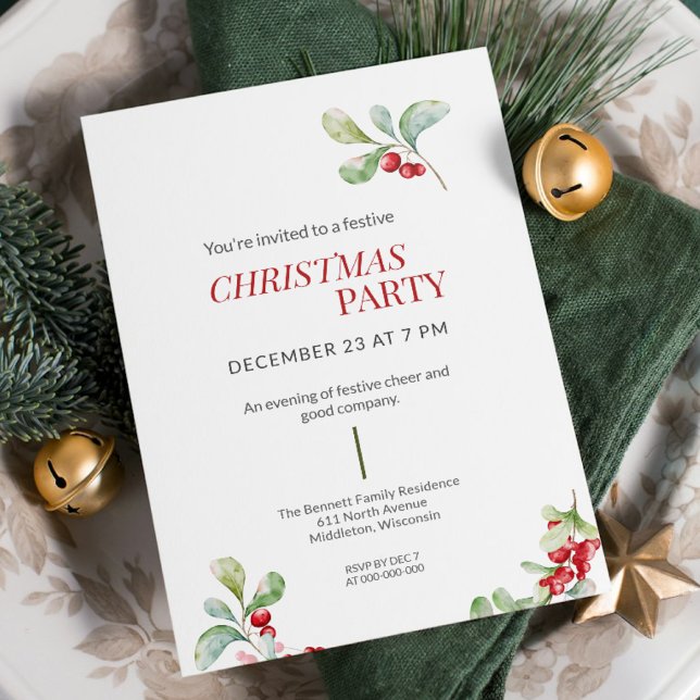 Convite Festa de Natal com Azevinho em Aquarela Minimalist (Criador carregado)