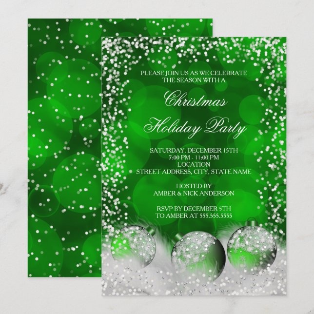 Convite Festa de Natal com Bolas de Neve Brancas e Verdes (Frente/Verso)