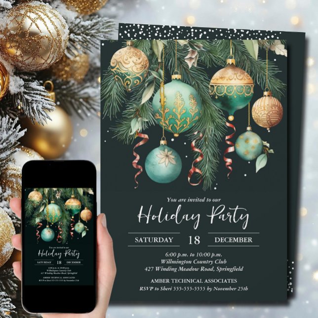 Convite Festa de Natal com Bolas Douradas na Árvore de Nat (Gold and Green Baubles Christmas Tree Party Invitations - INSTANT DOWNLOAD and/or PRINTED)