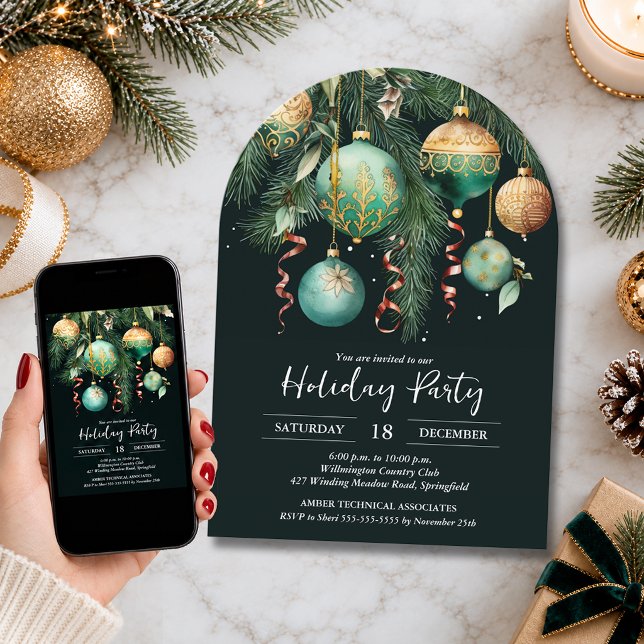 Convite Festa de Natal com Bolas Douradas na Árvore de Nat (Gold and green Christmas Tree Ornaments party invitations, PRINTED and/or INSTANT DOWNLOAD)