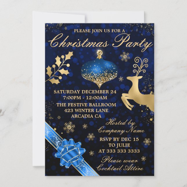 Convite Festa de Natal com Bolas e Fita Azul e Dourado (Frente)