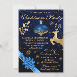 Convite Festa de Natal com Bolas e Fita Azul e Dourado