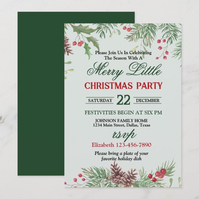 Convite Festa de Natal com Borda de Azevinho Festivo (Frente/Verso)