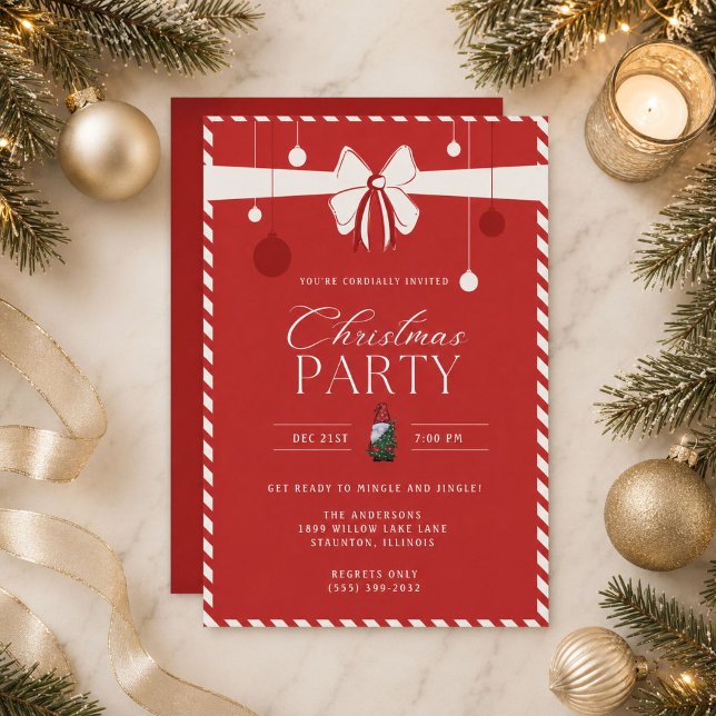 Convite Festa de Natal com Borda de Bastão de Doces Vermel (Red Candy Cane Border Christmas Party Invitation)