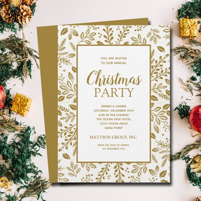 Convite Festa de Natal com Botânicos Elegantes em Dourado (Elegant gold (non-metallic) botanicals Christmas party invitations, PRINTED and/or INSTANT DOWNLOAD)
