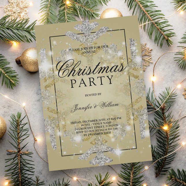 Convite Festa de Natal com Brilho Dourado e Prateado (Gold & Silver Glitter Xmas Holiday Party Invitation)