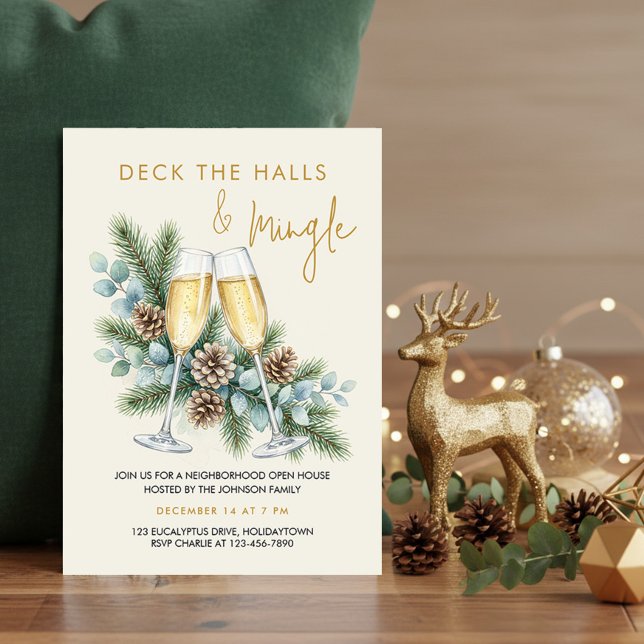 Convite Festa de Natal com Champanhe Deck the Halls (Holiday Party Invitation with champagne & greenery by Darling & May - printed or digital download)