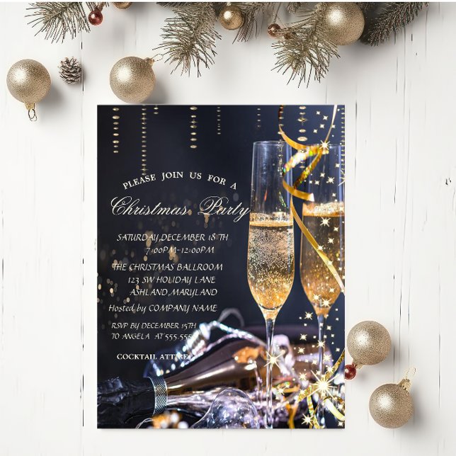 Convite Festa de Natal com Copo de Champanhe Elegante  (Criador carregado)