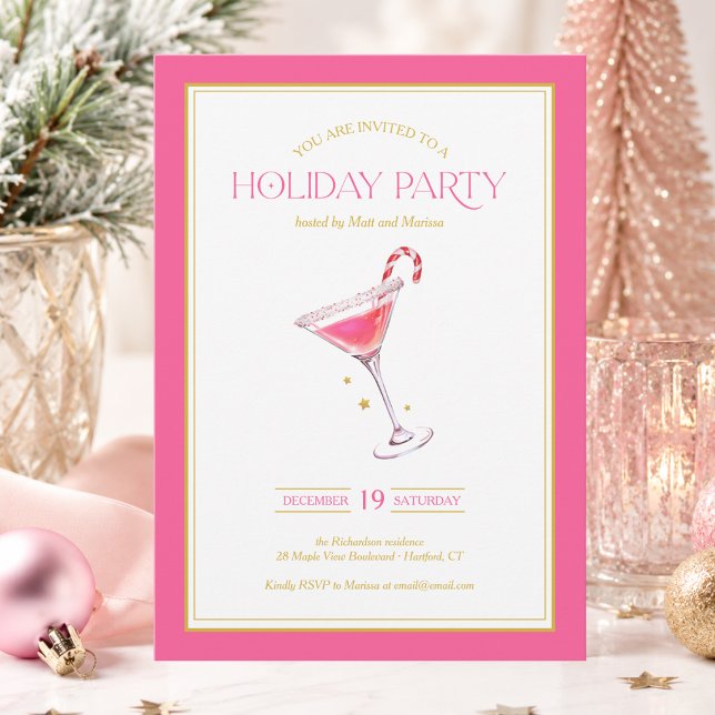 Convite Festa de Natal com Coquetel de Ouro Rosa (elegant chic stylish modern pink gold martini cocktail Christmas holiday party invitation)