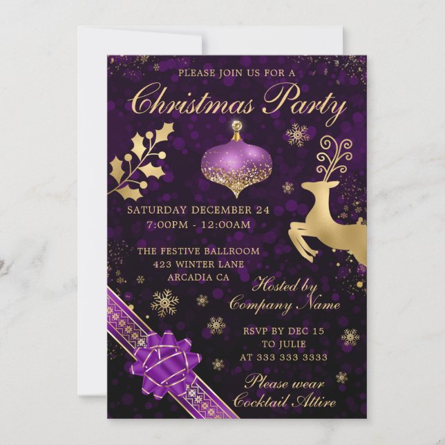 Convite Festa de Natal com Enfeite e Fita Roxo e Dourado (Frente)